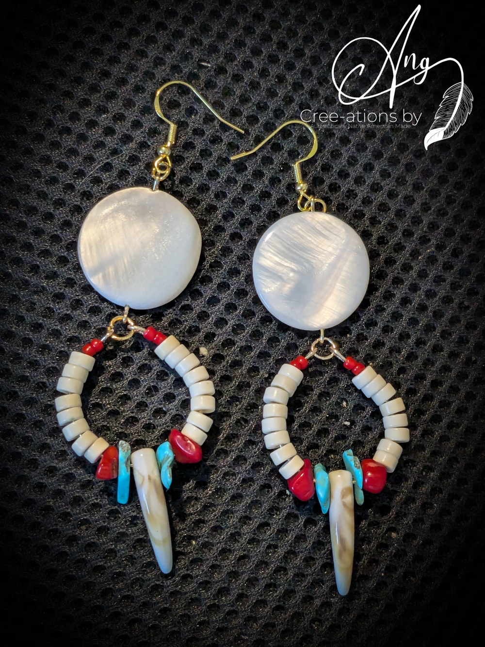 Turquoise & Red Stone With Wolf Tooth Hoop Earrings